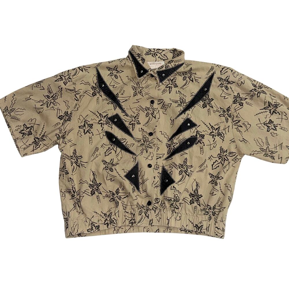 VTG 80s 90s Allison Fashion Western Shirt Beige Black Star Silver Stitching Sz L